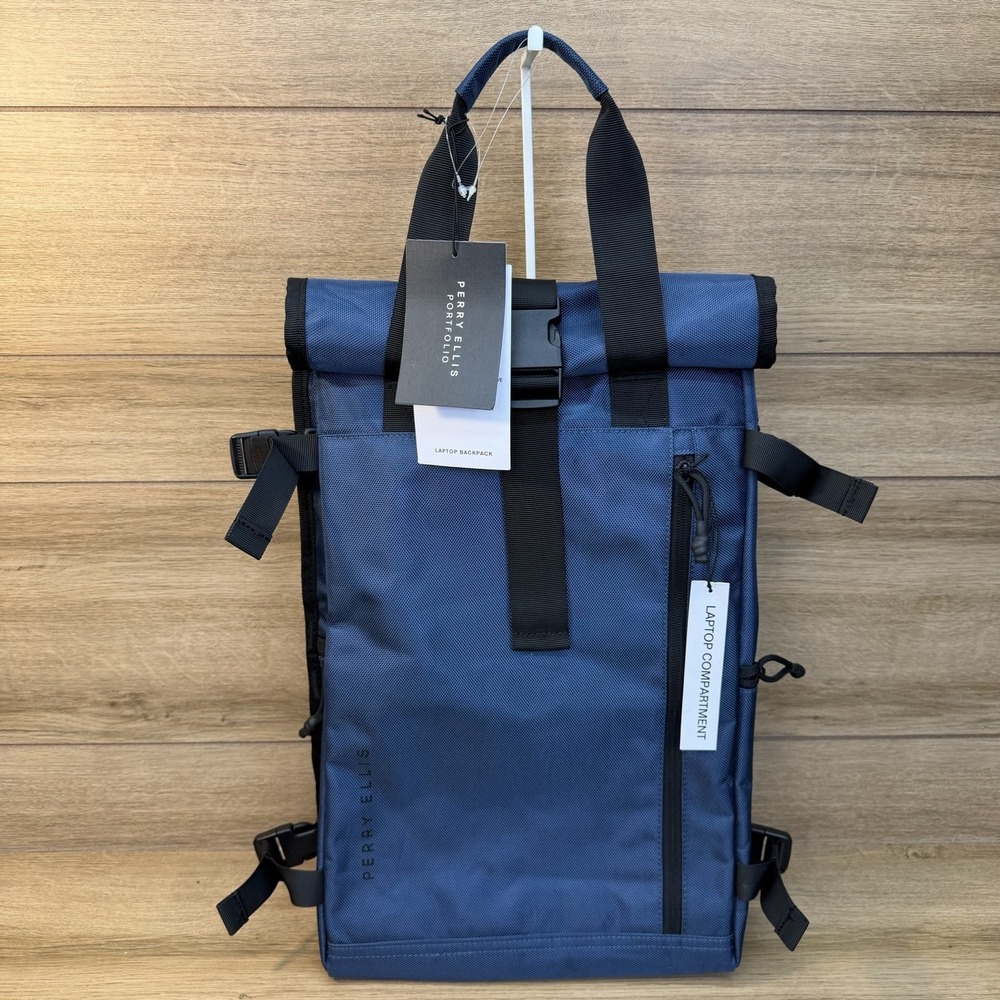 Perry Ellis Portfolio Blue Nylon Rolltop Backpack Laptop Sleeve Travel Work NWT